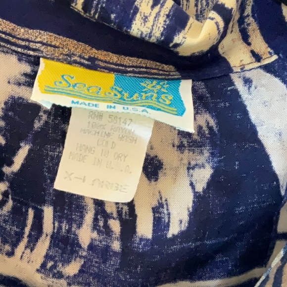 Vintage Sea Suns button down blouse with shoulder pads. Shell buttons. XL navy - Picture 2 of 8